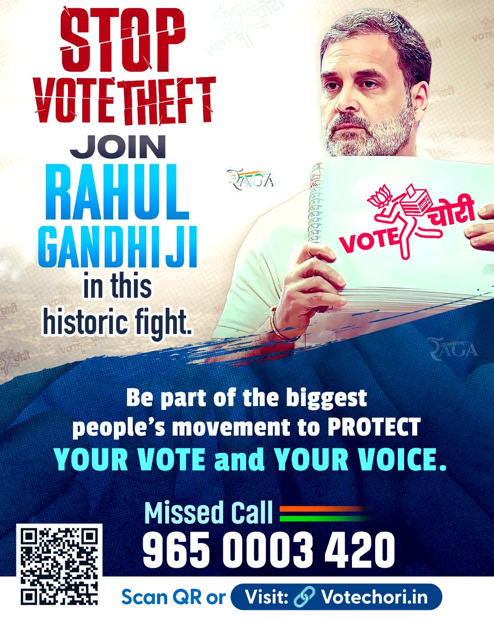 Roopesh Singh Bhadauria (@roopeshinc) on Twitter photo We call upon every citizen of India,
Rise, awake, and fight… protect your vote! ✊🇮🇳
Join Shri <a href="/RahulGandhi/">Rahul Gandhi</a> in this people’s movement against #VoteChori
🔗 Log on to votechori.in
📞 Or give a missed call to 9650003420
In this fight to save democracy, your voice is We call upon every citizen of India,
Rise, awake, and fight… protect your vote! ✊🇮🇳
Join Shri <a href="/RahulGandhi/">Rahul Gandhi</a> in this people’s movement against #VoteChori
🔗 Log on to votechori.in
📞 Or give a missed call to 9650003420
In this fight to save democracy, your voice is