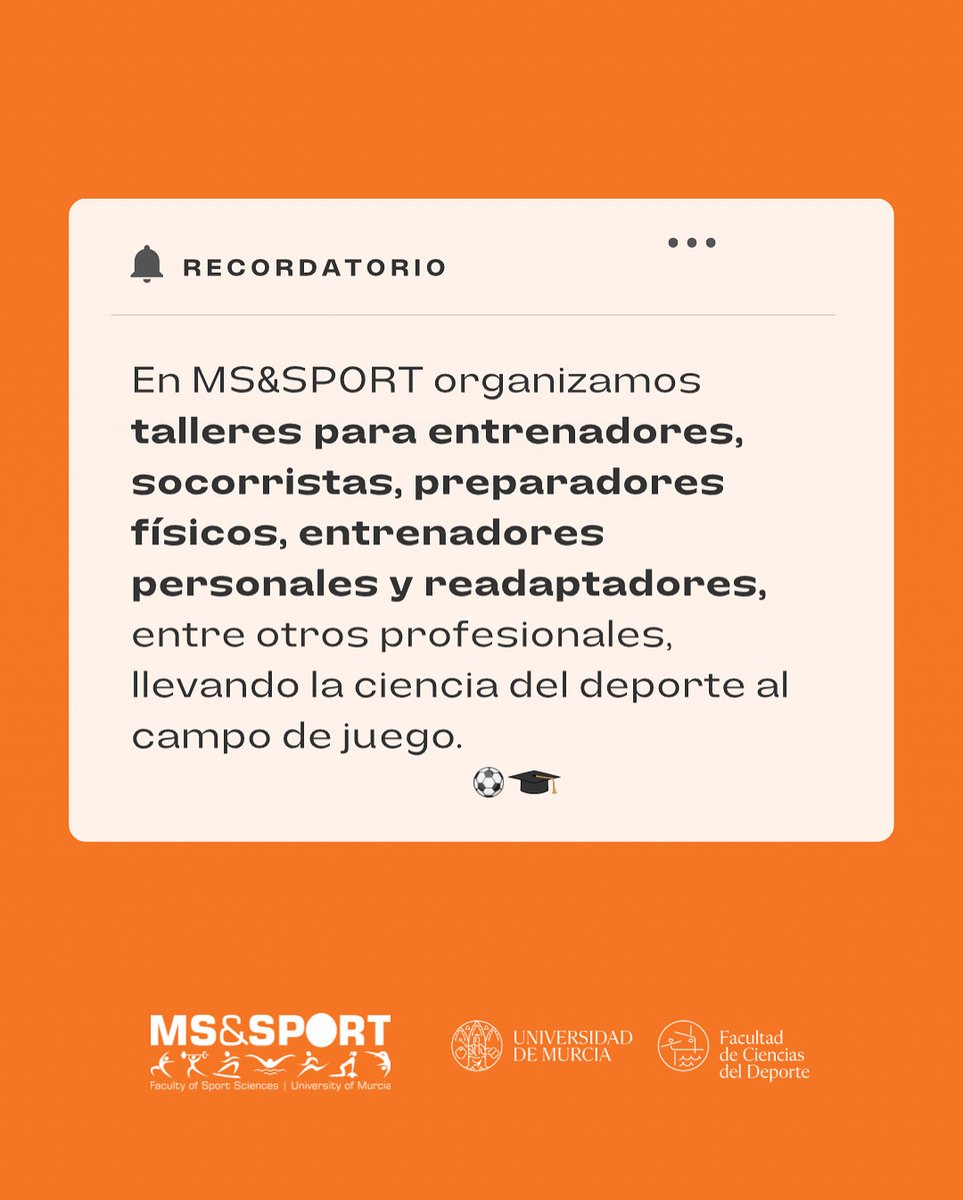 Organizamos talleres para entrenadores, socorristas, preparadores físicos, entrenadores personales y readaptadores, entre otros profesionales, llevando la ciencia del deporte al campo de juego.  
#Transferencia #DeporteConCiencia #MS&amp;SPORT #InnovaciónDeportiva

<a href="/umucafd/">CAFD UMU</a>
