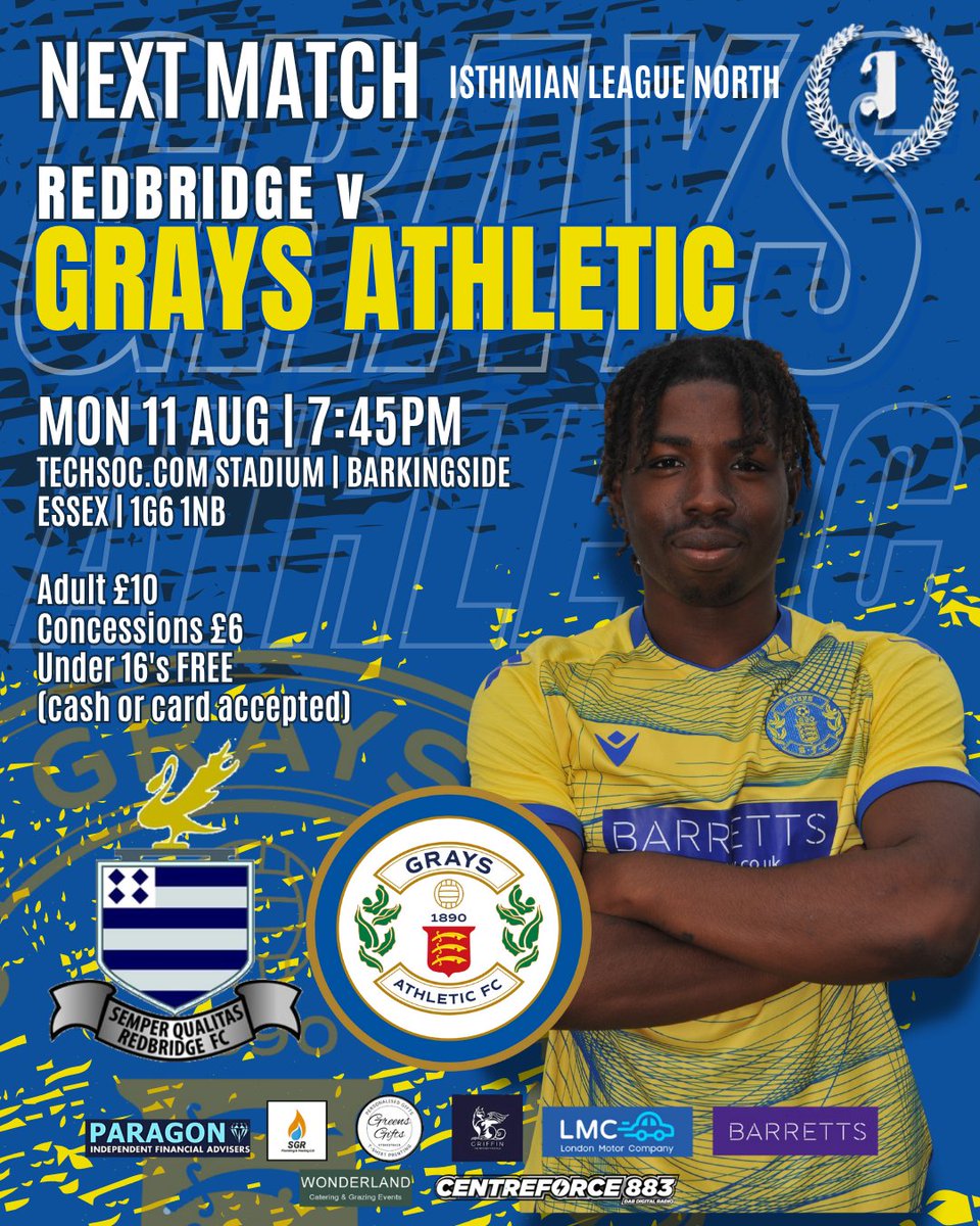 Grays Athletic Football Club (@graysathleticfc) on Twitter photo NEXT UP:
It's a quick turnaround for the Blues as they take on <a href="/TheMotormen/">Redbridge Football Club</a>  tomorrow n the <a href="/IsthmianLeague/">The Pitching In Isthmian League</a>  North. The Blues will be looking to build on their superb 3-0 win on Saturday.
ISTHMIAN LEAGUE NORTH
Redbridge V Grays Athletic
Monday 11th August
KICK OFF 7:45PM
VENUE: NEXT UP:
It's a quick turnaround for the Blues as they take on <a href="/TheMotormen/">Redbridge Football Club</a>  tomorrow n the <a href="/IsthmianLeague/">The Pitching In Isthmian League</a>  North. The Blues will be looking to build on their superb 3-0 win on Saturday.
ISTHMIAN LEAGUE NORTH
Redbridge V Grays Athletic
Monday 11th August
KICK OFF 7:45PM
VENUE:
