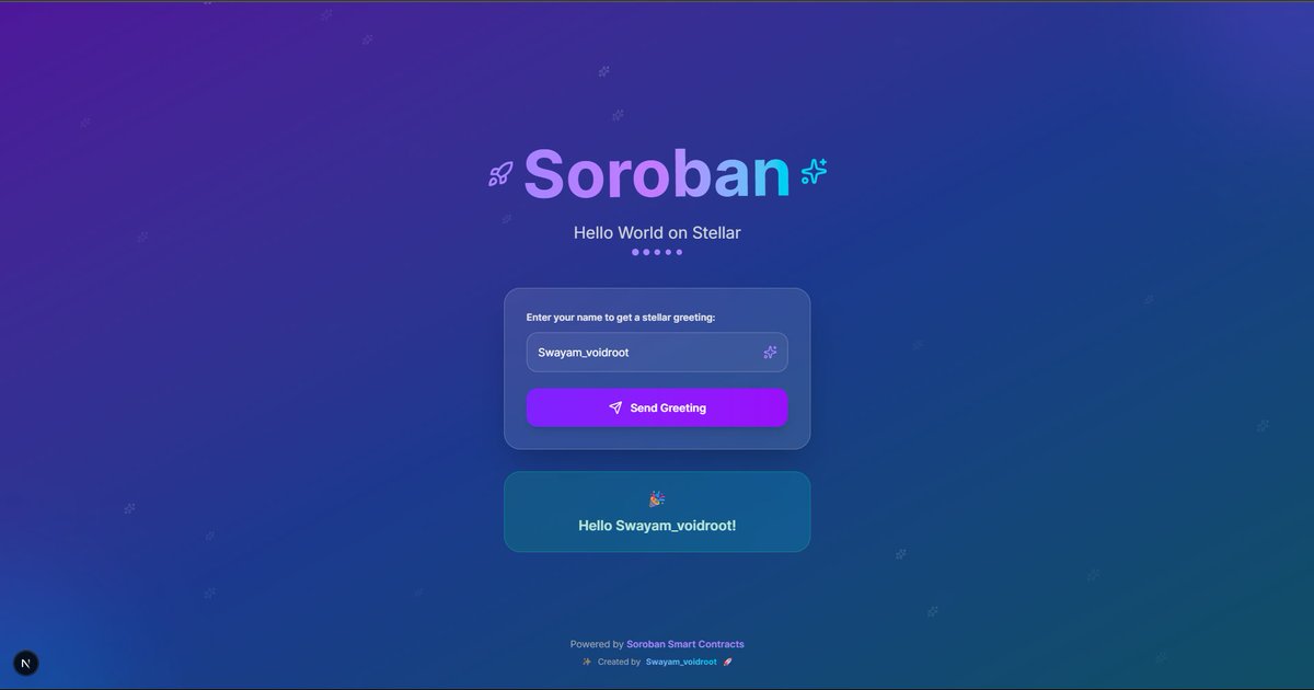 Swayam Takkamore (@swayam_voidroot) on Twitter photo Do you imagine literally making a website for just "HELLOWWWW WORLDDD"...
I did it :P
I did it using Soroban Smart Contracts in Blockchain...
Thanks to #Stellar_Ragnarok <a href="/stellar_ind/">Stellar India</a> <a href="/Tushar_Pamnani_/">Tushar Pamnani | Central DAO</a> <a href="/your_mr_sky/">Mr Sky</a> Do you imagine literally making a website for just "HELLOWWWW WORLDDD"...
I did it :P
I did it using Soroban Smart Contracts in Blockchain...
Thanks to #Stellar_Ragnarok <a href="/stellar_ind/">Stellar India</a> <a href="/Tushar_Pamnani_/">Tushar Pamnani | Central DAO</a> <a href="/your_mr_sky/">Mr Sky</a>
