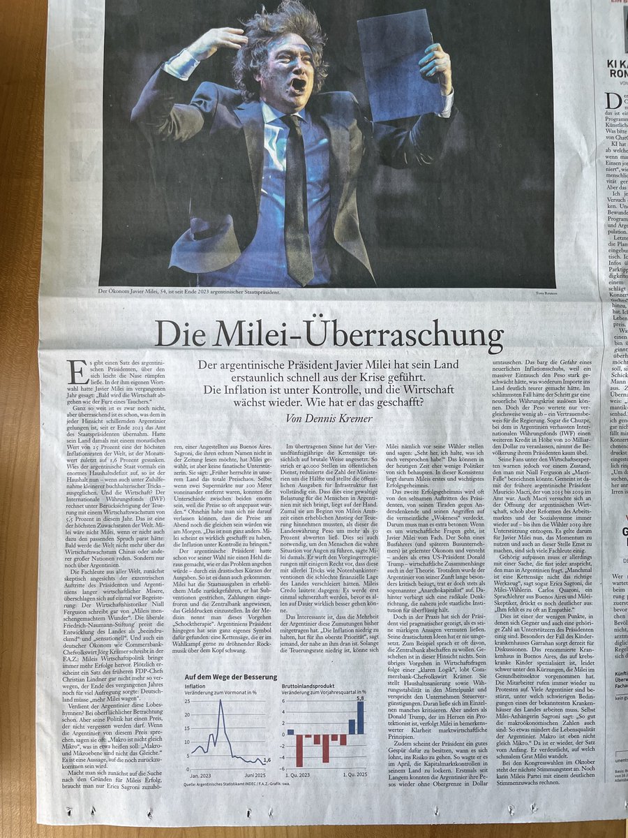 Lesenswert! Frankfurter Allgemeine Sonntagszeitung (⁦<a href="/FAZ_NET/">Frankfurter Allgemeine gesamt</a>⁩) würdigt Finanz- &amp; Wirtschaftspolitik von #Milei: als Erfolg. "Überraschung" nicht für marktwirtschaftliche Liberale, sondern nur für staatsgläubige Sozialisten. ⁦<a href="/FNFreiheit/">Friedrich-Naumann-Stiftung für die Freiheit</a>⁩ ⁦<a href="/fdp/">FDP</a>⁩ ⁦<a href="/c_lindner/">Christian Lindner</a>