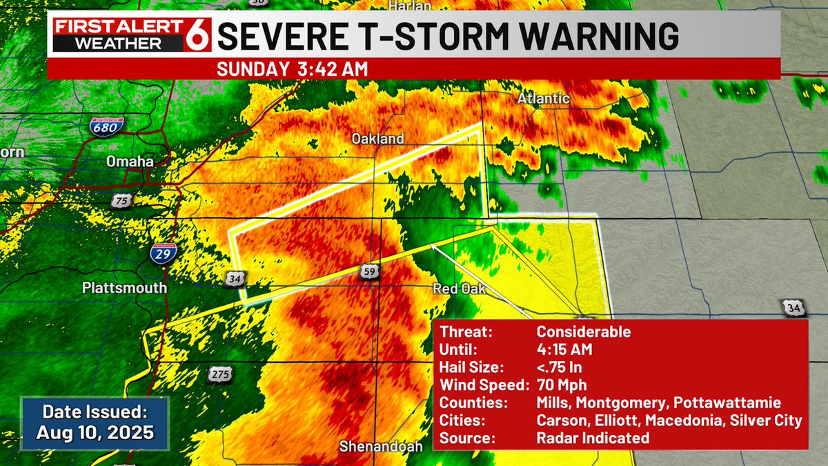 FIRST ALERT: A Severe Thunderstorm Warning for damaging hail or high wind is currently in effect for Pottawattamie, Montgomery, Mills until Aug 10 4:15AM. Check the First Alert 6 Weather App and First Alert 6 on air for more information.