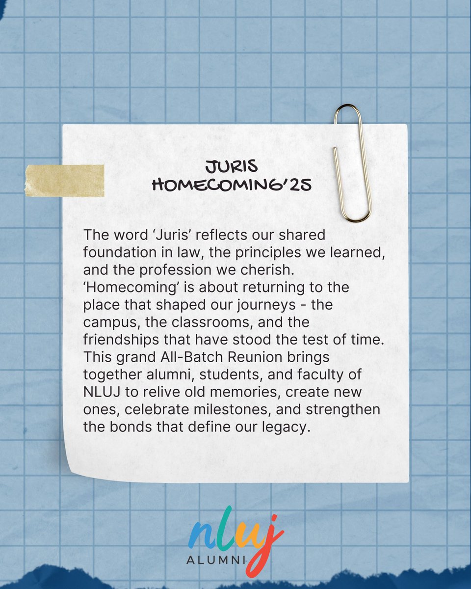 AlumniNluj's tweet photo. Here’s an inside look at the name of the First All-Batch Reunion and the etymology behind it. ⚖️✨
‘Juris’ represents our shared foundation in law. ‘Homecoming’ is the return to the campus, the friendships, and the legacy that shaped us.
#JurisHomecoming25 #NLUJ #NLUJAlumni https://t.co/a4xMhv3p1A