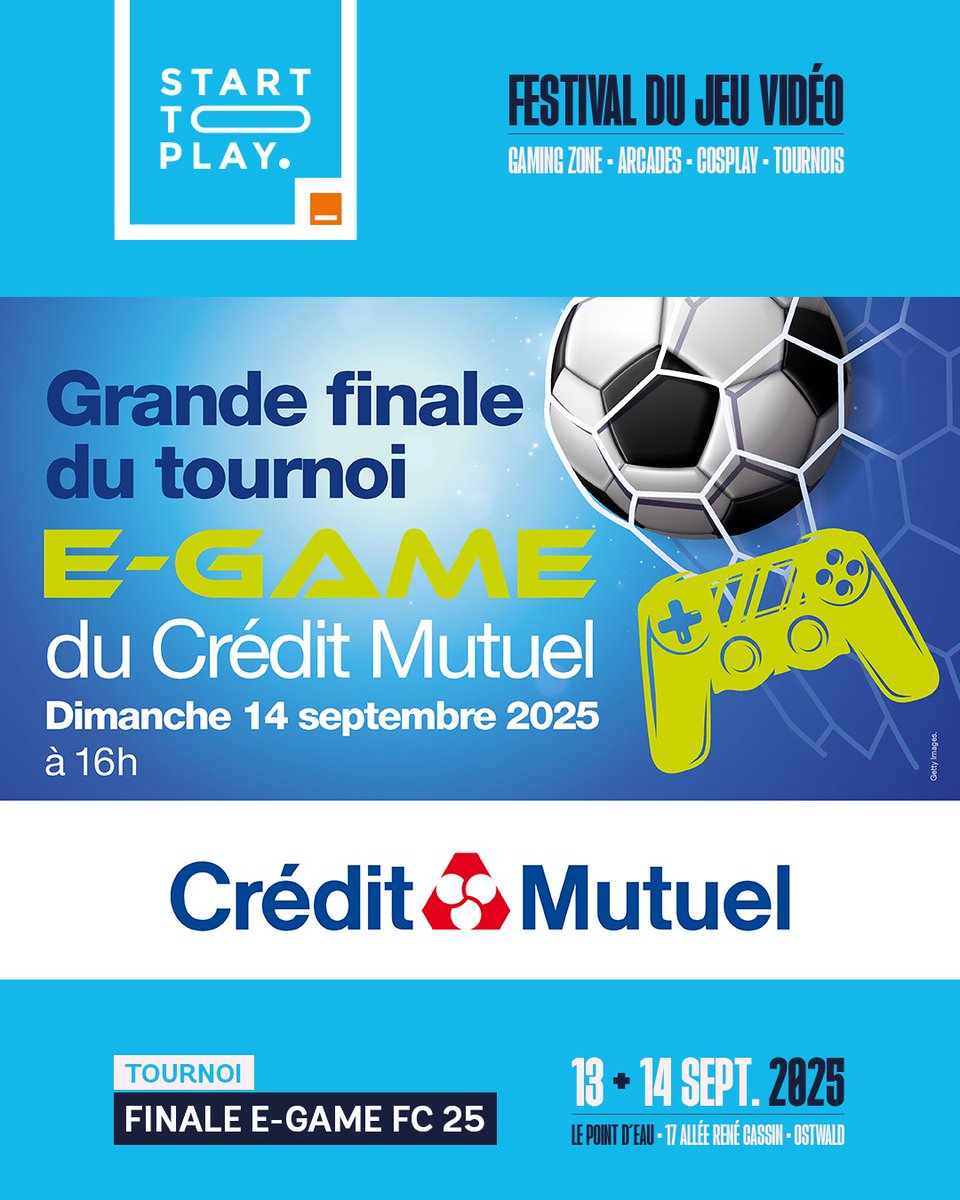 [Programmation 2025] Notre nouveau partenaire <a href="/CreditMutuel/">Crédit Mutuel</a> frappe fort pour sa première participation à Start To Play et vous propose de suivre la grande finale du tournoi de Foot E-Game 2025 sur scène le dimanche 14 septembre à 16h ⚽️ #STPLAY2025
