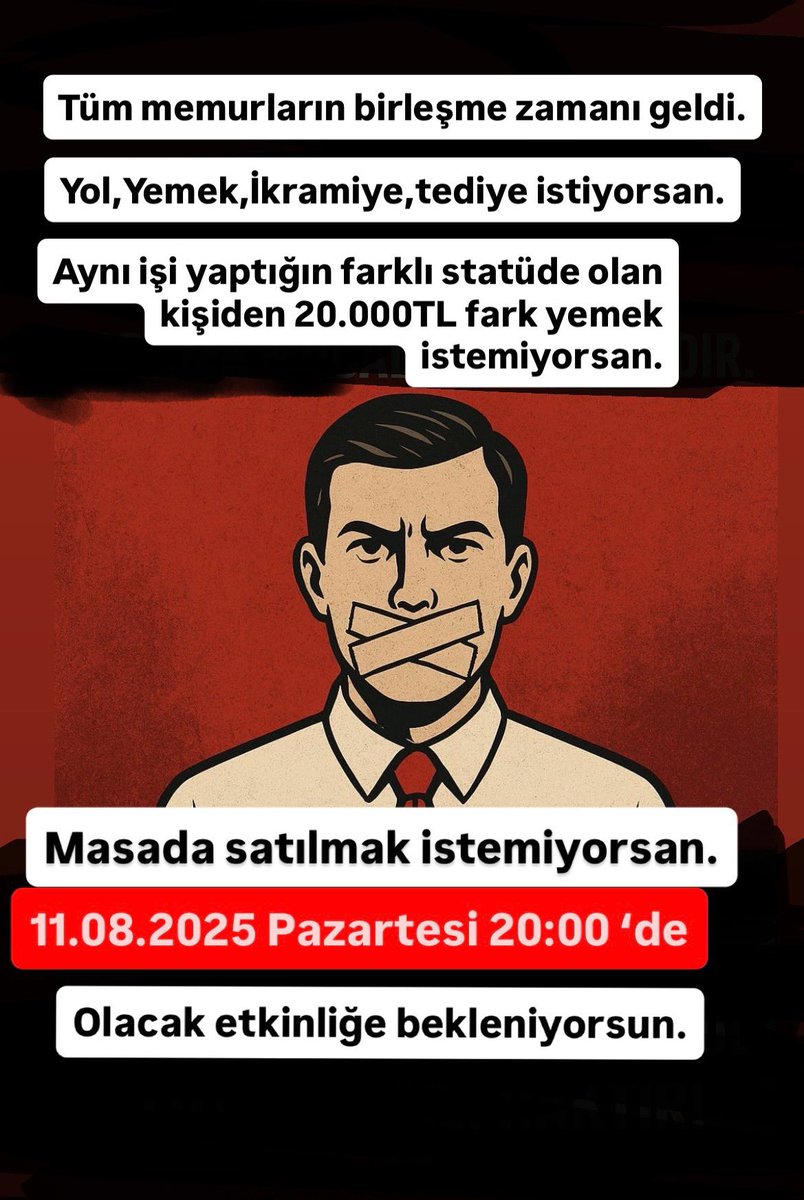 memurhaklari0's tweet photo. Yemek ücreti istiyorsan.
Yol ücreti istiyorsan.
Tediye istiyorsan.
İkramiye istiyorsan.
Sınavsız girenden az maaş almak istemiyorsan.
Masada satılmak istemiyorsan.
Çok fazla vaktin yok MEMUR kardeşim.

Pazartesi 20:00’de olan etkinliğe bekleniyorsun. 
#MemuraYolYemekİkramiye https://t.co/9Z3yXKH6e6