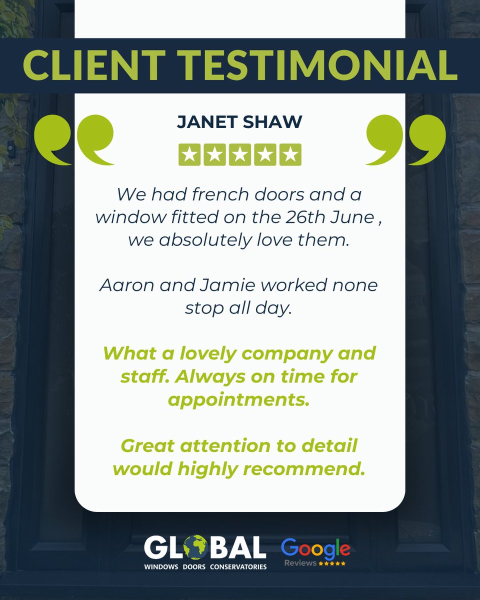 Choose a highly recommended window &amp; door company... Like Global Windows! 😍

Thanks Janet for your testimonial - thrilled you love your new French doors &amp; window!

📞 0114 288 95 95

#HappyCustomer #DoorsAndWindows
