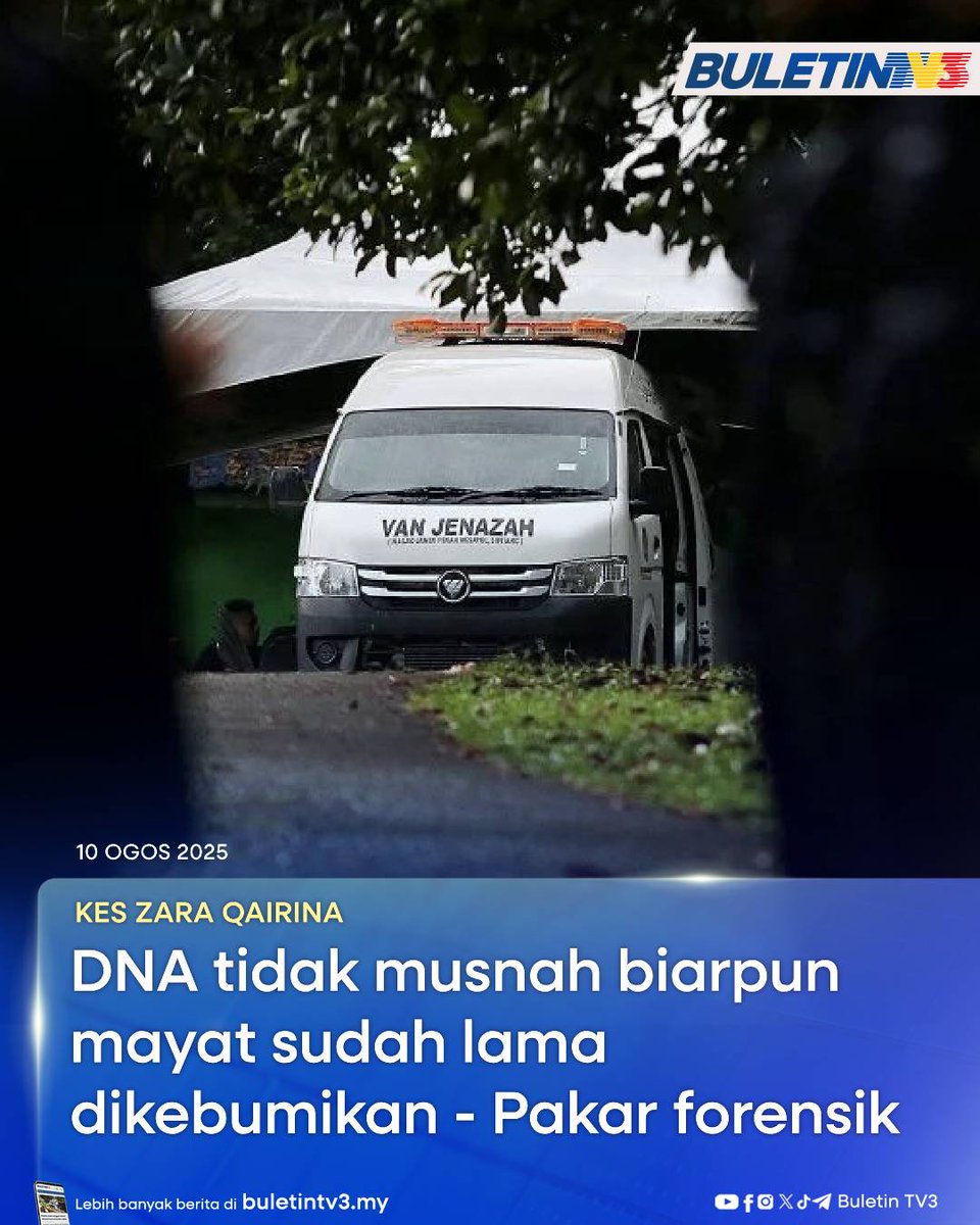 BuletinTV3's tweet image. KES ZARA QAIRINA | Jumlah DNA atau bukti diperoleh pada mayat membolehkan individu atau kelompok terbabit dengan kematian mangsa dihadapkan ke mahkamah.

Menerusi prosedur ini unsur bukan semula jadi yang mungkin mendorong kematian mangsa mampu dikesan kerana DNA tidak akan…