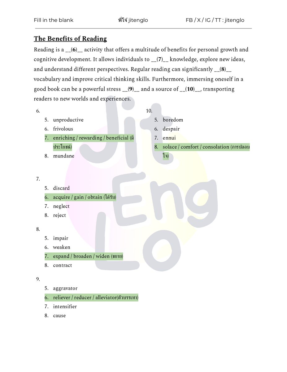 พี่โจ้ให้โจทย์ Vocab ฝึกศัพท์ ฟรี❗️
เก็งข้อสอบ #TGAT
มีให้ฝึกมากกว่า 50 ศัพท์ พร้อมแตก Synonym

📌ชวนน้องๆ ทุกคนมาทำได้ที่ลิ้งค์นี้: drive.google.com/file/d/1vOfG5E…
 
ปล.เอกสารนี้ไม่มีลิขสิทธิ์ ส่งให้เพื่อนตามสบาย 🩷

#tcas69 #ALevel68 #สอบtoeic #dek70 #studygram #studytwt #TGAT1 #Dek69