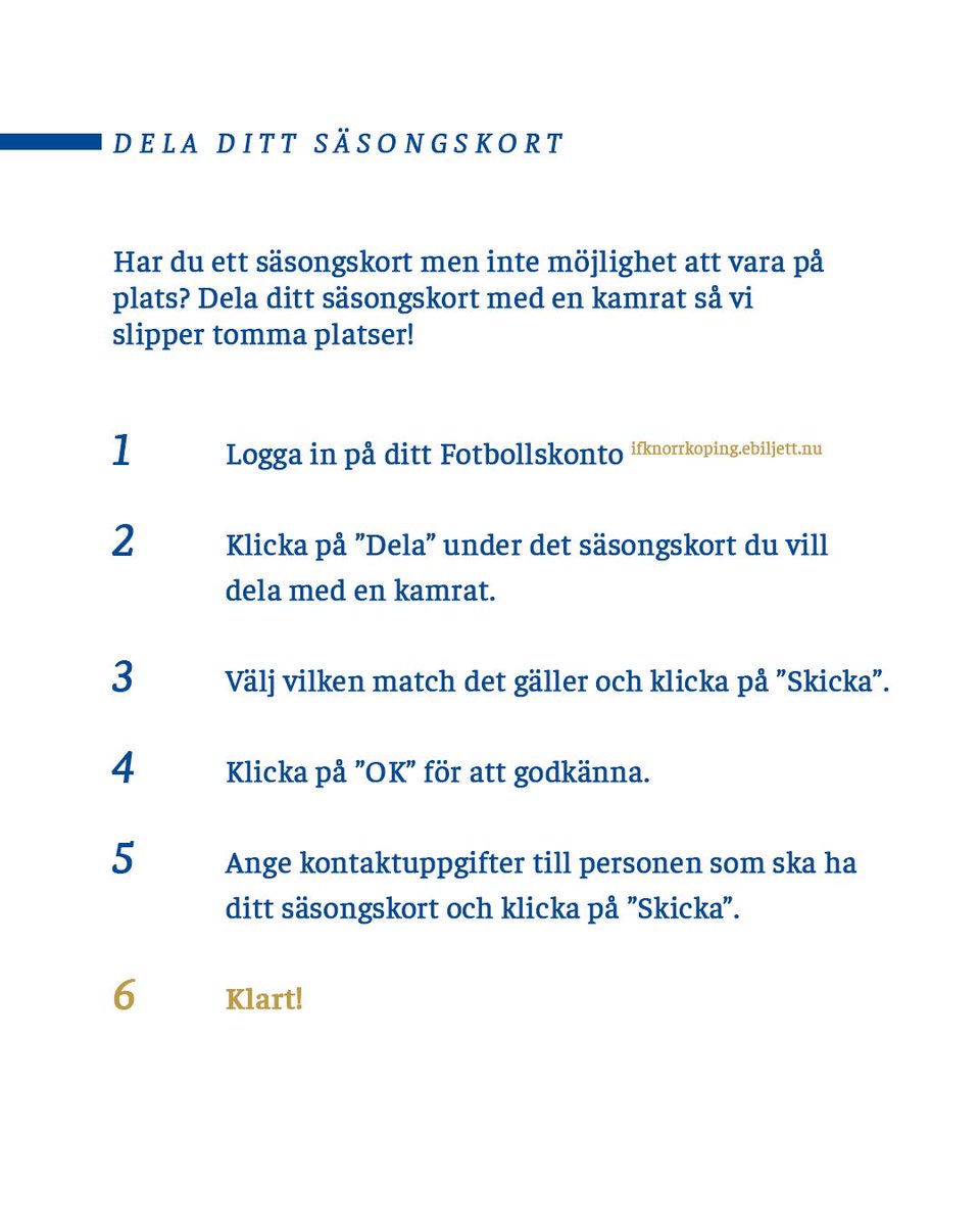 Viktigt! Kan du inte gå på matchen - dela ditt säsongskort med en kamrat. Inga tomma platser! 

🔗 ifknorrkoping.se/dela-ditt-saso…