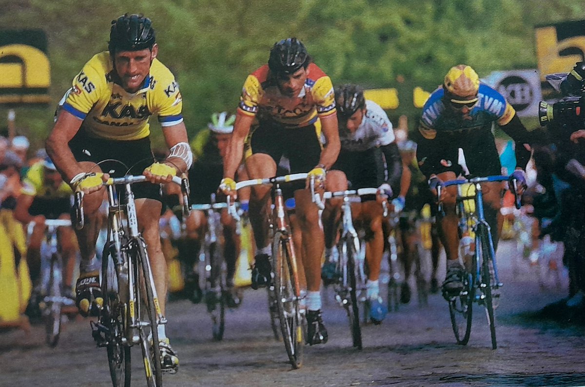 Sean Kelly leading the chase of Dag Otto Lauritzen as they climb the Kemmelberg at the 1988  Ghent-Wevelgem, Kelly taking victory from Gianni Bugno and Ron Kiefel.
Graham Watson photo.