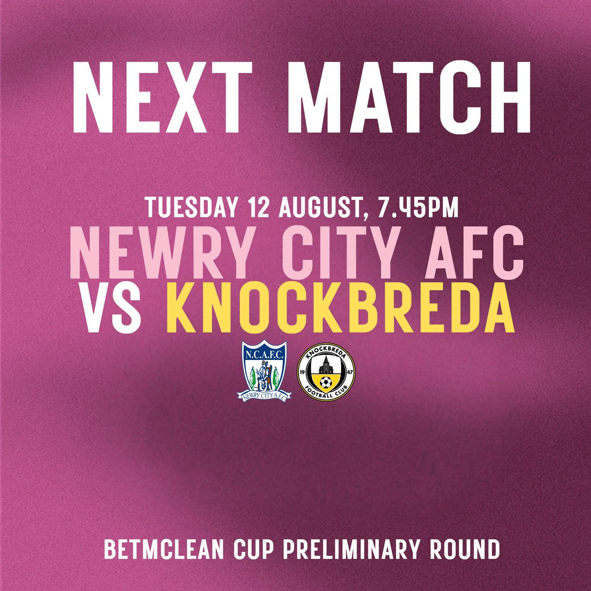 𝗡𝗘𝗫𝗧 𝗠𝗔𝗧𝗖𝗛

Competitive football returns to the Showgrounds.

🆚 <a href="/KnockbredaFc1/">Knockbreda FC</a> 
🗓️ Tues 12 August
🏆 BetMcLean Cup Preliminary Round
🕒 7.45PM
💷 £9 ad / £6 con / £4 12-16yrs

#YourCityYourClub 🟦⬜️