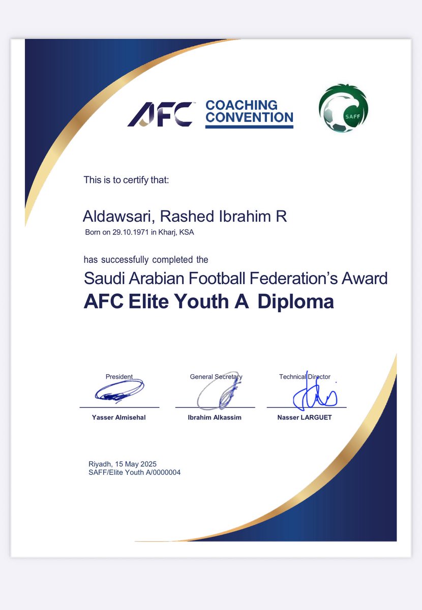 نبارك لكم حصولكم على الرخصة التدريبية الآسيوية (Elite Youth)، متمنين لكم مزيدًا من التقدم والعطاء في مسيرتكم التدريبية.💚🤍