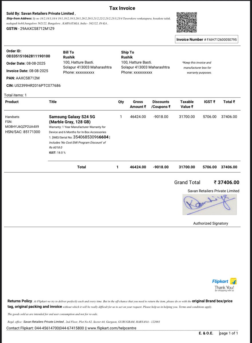 rushikhatture's tweet photo. @FlipkartSupport @SamsungIndia
I ordered a brand new Samsung S24 (Order ID: OD335151062811190100) on 08/08/25, delivered 10/08/25.Samsung service centre confirmed it was activated on 30/06/25 before purchase.Selling used as new Unfair TradePractice.Need refund or replacement. https://t.co/jzSoiplsei