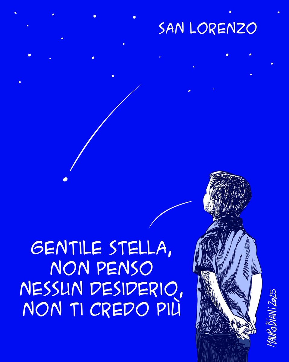 «Vedo cadere questa stella e non so più cosa desiderare» 
F. De Gregori, Battere e levare. 
Ho sempre apprezzato l'ambiguità del senso: imbarazzo della scelta di troppi desideri, appagamento e nessun desiderio, mancanza totale di speranza. 
Temo l'ultima. 🫂🌻
Grande <a href="/maurobiani/">Mauro Biani</a>