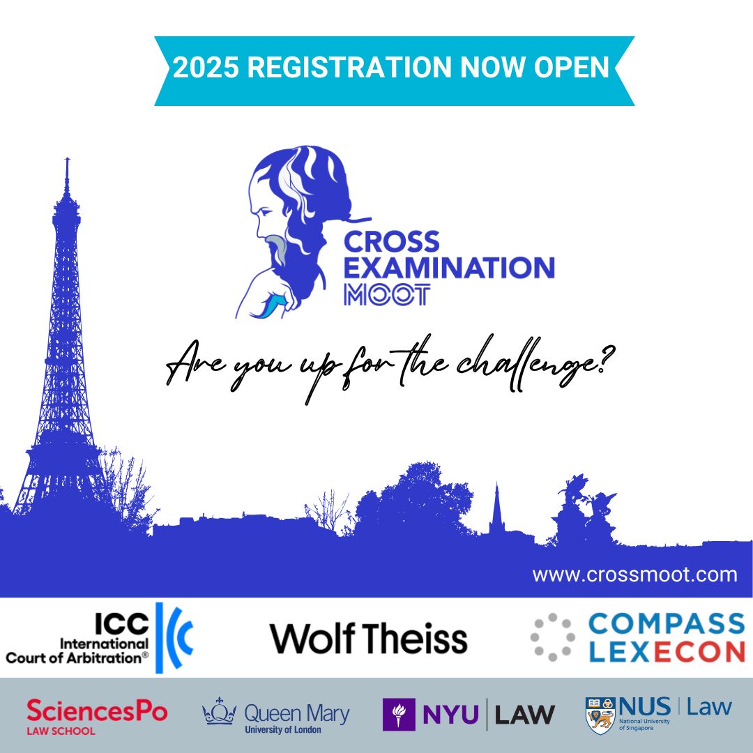 ICC Arbitration (@icc_arbitration) on Twitter photo The #ICCCourt and #ICCYAAF are proud to sponsor the <a href="/crossmoot/">Cross-Examination Moot</a> ⚖️
📅 From 27 to 31 October 2025, students will have the opportunity to compete in Paris, honing their skills in cross-examination and arbitration.
👉 Register here: crossmoot.com/registration/ The #ICCCourt and #ICCYAAF are proud to sponsor the <a href="/crossmoot/">Cross-Examination Moot</a> ⚖️
📅 From 27 to 31 October 2025, students will have the opportunity to compete in Paris, honing their skills in cross-examination and arbitration.
👉 Register here: crossmoot.com/registration/