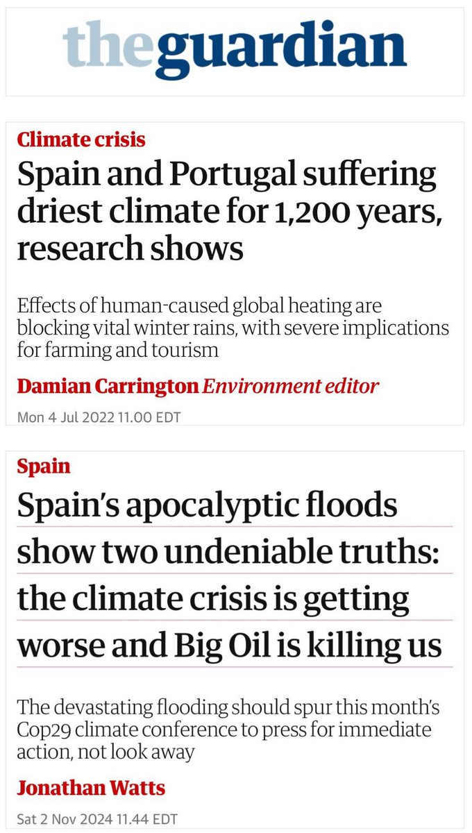 1234Fit's tweet image. Die britische Tageszeitung The Guardian wurde vom Meteorologen Chris Martz auf frischer Tat beim Klima-Schwurbeln ertappt 🎯
Vor drei Jahren berichtete The Guardian, dass die Trockenheit in 🇪🇸 Spanien und 🇵🇹 Portugal aufgrund der &quot;menschengemachten&quot; globalen Erwärmung immer…