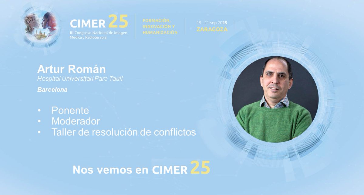 #CIMER25 es una cita imprescindible para los  #TSIDMN profesionales de radiología que quieren aplicar el saber y el saber hacer en su profesión en diversos ámbitos.
Personalmente aportaré algunas herramientas que usamos  l@s mediador@s para la gestión de conflictos.
Te esperamos!