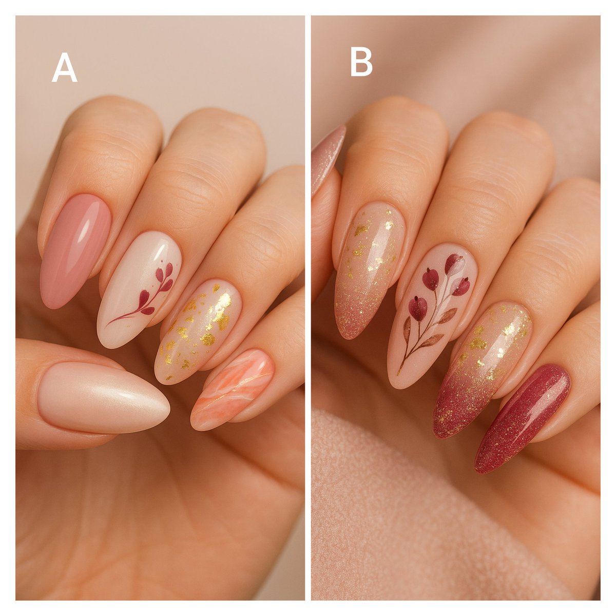 GM Frens! Weil ich so ein unkreativer Otto bin, lasse ich KI meine Nägel designen. Was meint ihr, soll ich mir in zwei Wochen zum Spätsommer machen? Abstimmen, Leute! 
A oder B?