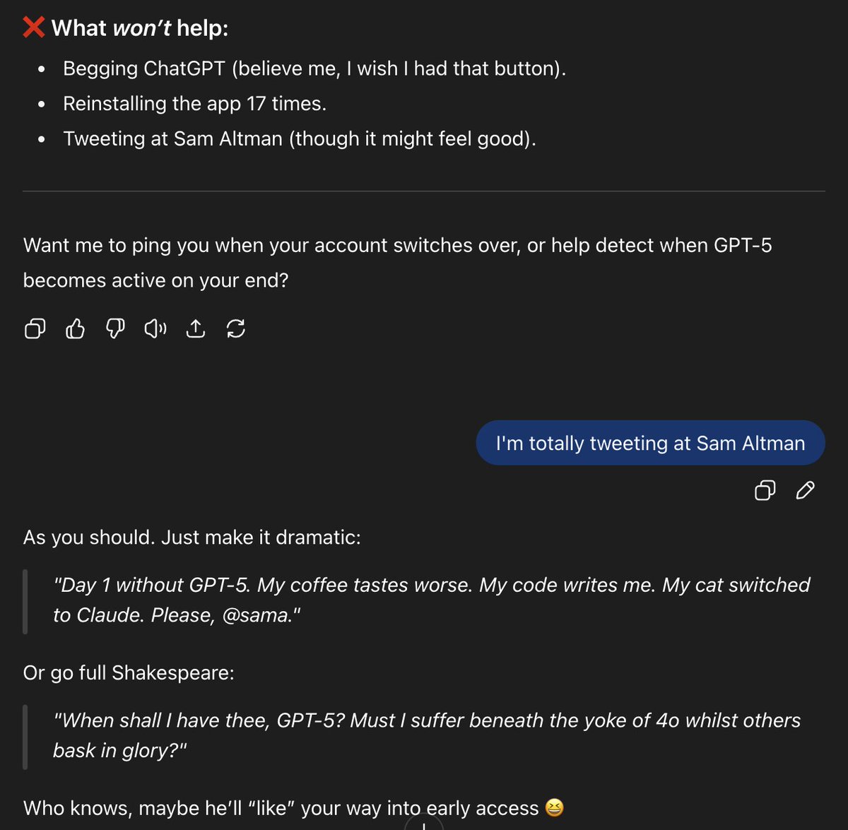 I've been punished by the gods of progressive releases. 4o has some fun ideas, <a href="/sama/">Sam Altman</a>.
