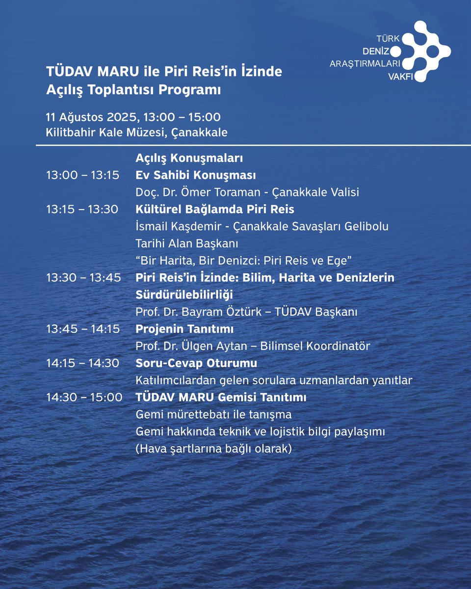 TudavTudav's tweet image. 📍 TÜDAV MARU ile Piri Reis’in İzinde Projesi Başlıyor!
🚢 Dünyaca ünlü denizci ve kartograf Piri Reis’in doğduğu yer olan Çanakkale, “TÜDAV MARU ile Piri Reis’in İzinde” projesinin ilk durağı!
🔔 Açılış toplantımızı, Çanakkale Savaşları Gelibolu Tarihi Alan Başkanlığı…