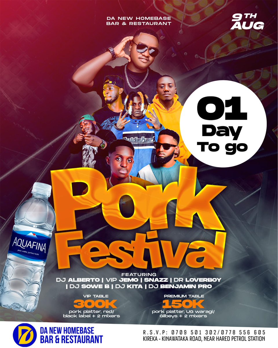 Only 1 Day Left! 
Tomorrow, the Pork Festival takes over Da New Homebase Bar &amp; Restaurant – Kireka!

✅DJs on deck: DJ Alberto, VIP Jemo, Snazz, Dr Loverboy &amp; more!
🍖 Sizzling pork platters, ice-cold drinks &amp; nonstop vibes.

💥 VIP Tables – 300K (Pork + Red/Black Label + 2