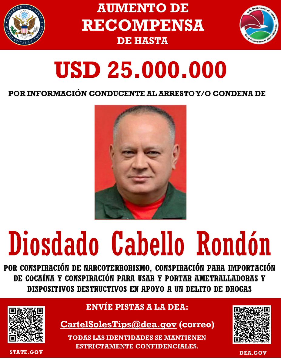 Embajada de los EE.UU., Venezuela (@usembassyve) on Twitter photo ¿Tiene información que pueda conducir al arresto o condena de Diosdado Cabello Rondón?Envíala a CartelSolesTips@dea.gov.
Conozca más sobre la recompensa de $25 millones ofrecida a través del Programa de Recompensas contra el Narcotráfico aquí: state.gov/office-of-the-… ¿Tiene información que pueda conducir al arresto o condena de Diosdado Cabello Rondón?Envíala a CartelSolesTips@dea.gov.
Conozca más sobre la recompensa de $25 millones ofrecida a través del Programa de Recompensas contra el Narcotráfico aquí: state.gov/office-of-the-…