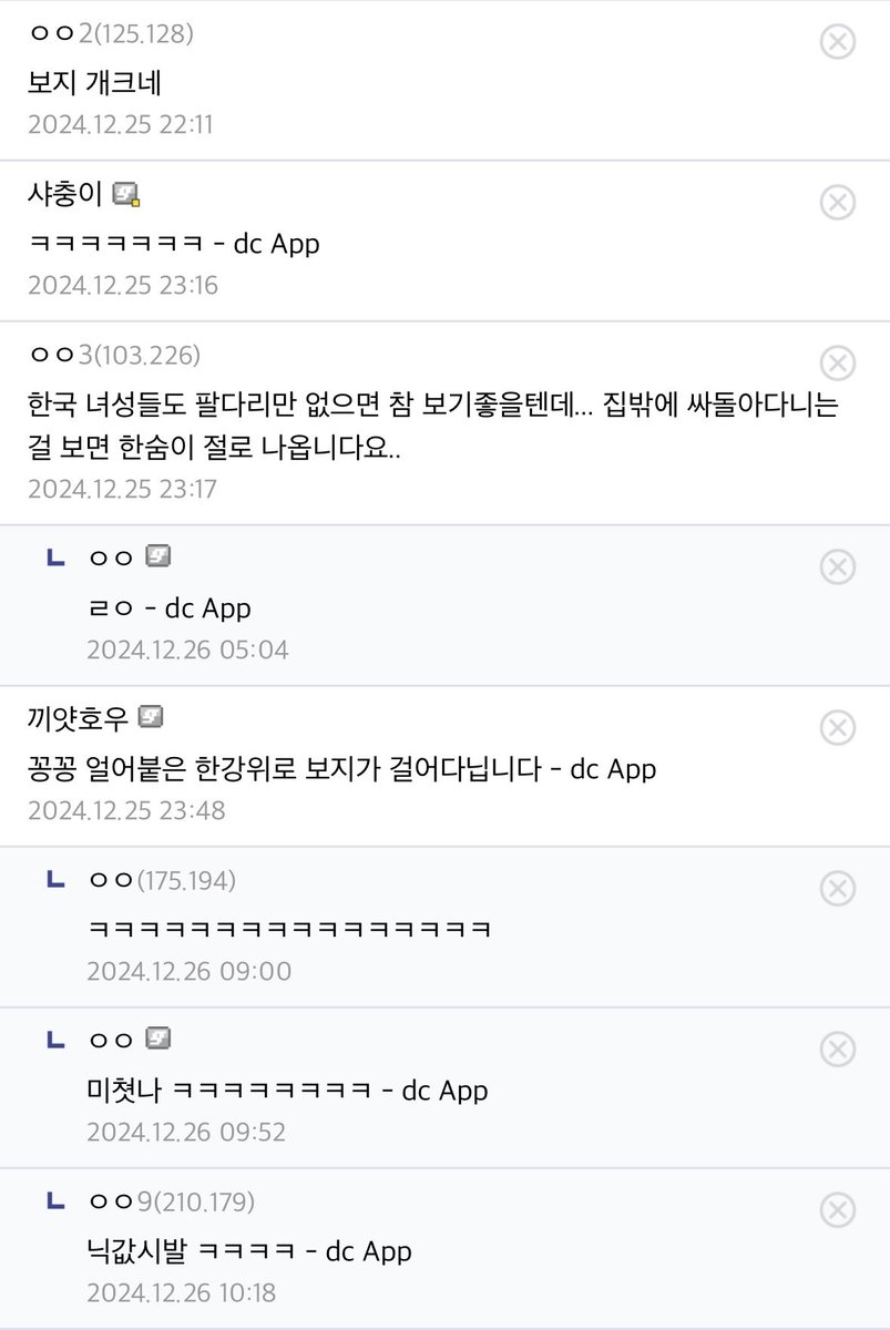 작년 말 모든 남초에 퍼지며 유행했던 게시물
"팔다리도 없는 년이니 멀리 가진 못했을거다, 쫒아!"

사지절단 당한 여자가 도망가면 바닥에 성기 자국이 남았을 거라고 저렇게 낄낄거리는 거임