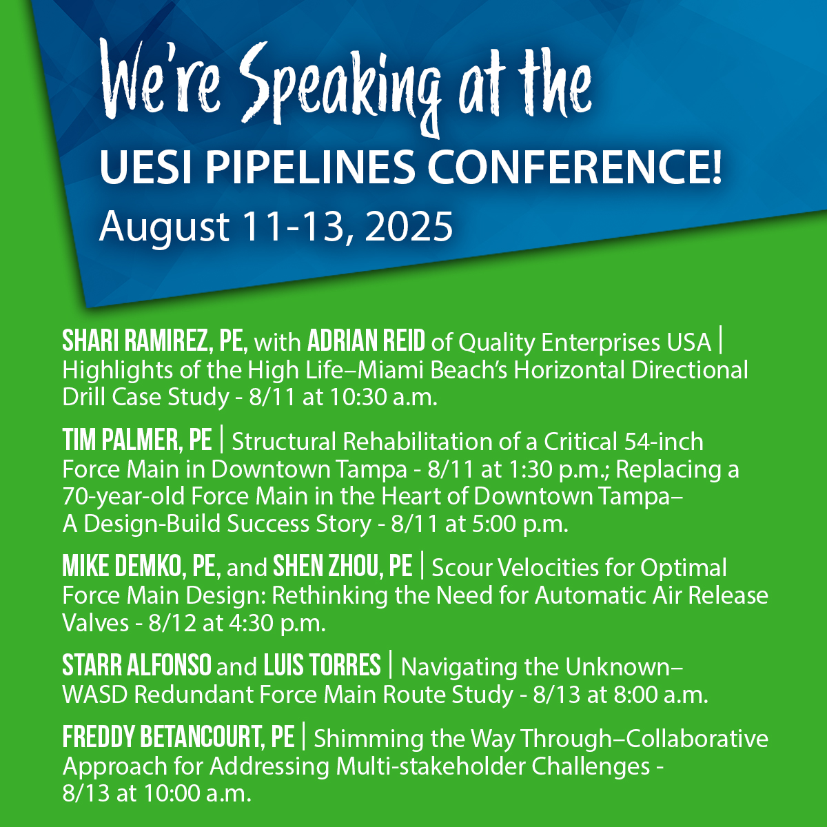 Don't miss Wade Trim staff speaking at the <a href="/uesi_asce/">Utility Engineering and Surveying Institute</a> Pipelines Conference next week! You'll hear insights from Shari Ramirez, PE, Tim Palmer, PE, Mike Demko, PE, Shen Zhou, PE, Starr Alfonso, Luis Torres, and Freddy Betancourt, PE. #Pipelines25