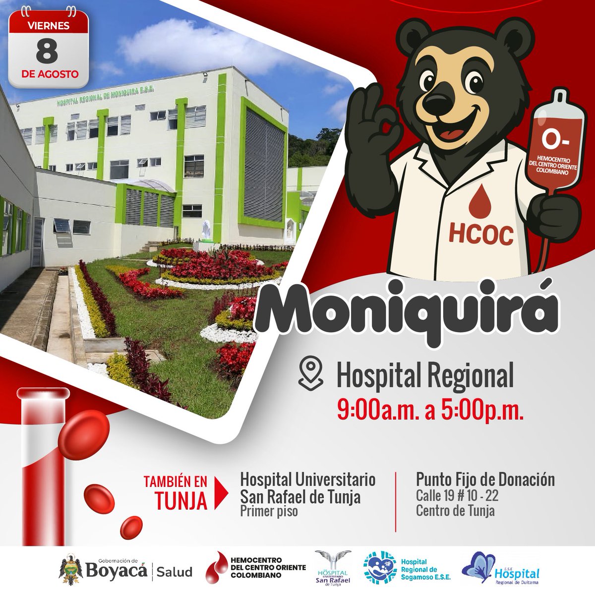 🩸 ¡Moniquirá dona vida!
📅 Hoy, viernes 8 de agosto
📍 Hospital Regional
🕘 9 a.m. - 5 p.m.

Antes de donar:
✅ +18 años
✅ +50 kg
✅ Sin antibióticos, diabetes o hipertensión
✅ Documento en mano
✅ Haber comido

#DonaSangre #SalvaVidas