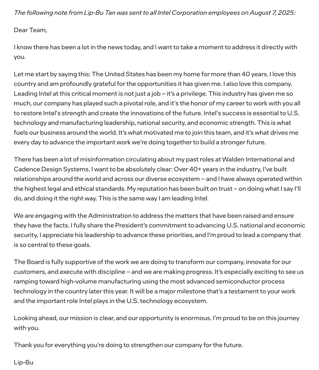 rwang07's tweet photo. $INTC CEO Lip-Bu Tan's Letter to the Company. https://t.co/cc92L3LE95