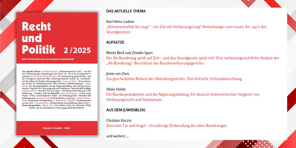 DunckerHumblot's tweet image. Die neue Ausgabe der "Recht und Politik" ist erschienen: duncker-humblot.de/einzelheft/rec… @CKisczio #Klimaneutralität #AltBundestag #Abtreibungsrecht #Regierungsbildung #GewaltgegenFrauen #Verfassungsgerichtsbarkeitsdebatte #Bundesverfassungsgericht #Verfassungsrecht