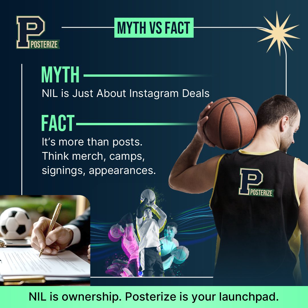 Posterize_2025's tweet image. Myth: NIL is Just About Instagram Deals
It’s way more than just posts.

Think: merch, camps, signings, and appearances.

NIL is ownership, and Posterize is your launchpad.
Get seen. Get sponsored.

#Posterize #NILMythBusting #OwnYourBrand #NILForAll #NextUp