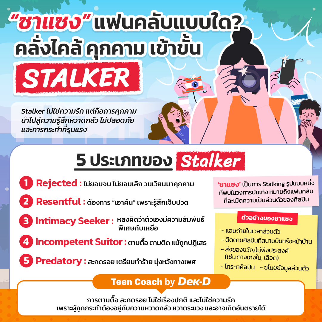 webdekd's tweet image. #dekdTeenCoach พฤติกรรมซาแซง และสตอล์กเกอร์ไม่ใช่ความรัก! อย่าเข้าใจผิด!
.
นักจิตวิทยาชาวออสเตรเลีย ได้แบ่งประเภท Stalker ออกเป็น 5 รูปแบบ ได้แก่
.
🔸Rejected Stalker
ผู้ที่ไม่ยอมจบกับความสัมพันธ์ ทำใจยอมรับการเลิกราไม่ได้ มักจะวนเวียนกลับมาแสดงตัวตน หรือ ติดต่อ รวมถึงคุกคาม
.…