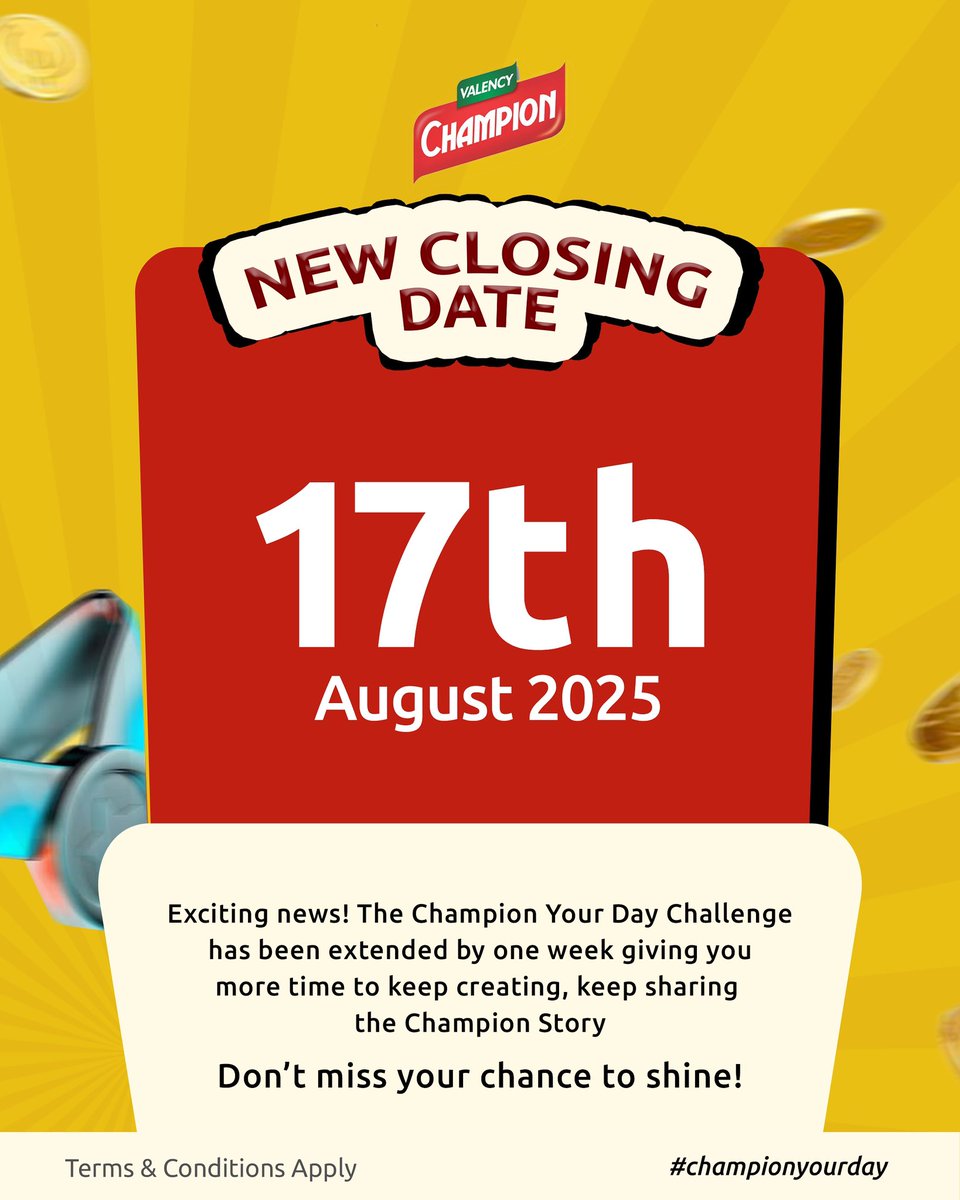 “More time to shine! 🌟 The ChampionYourDay Challenge deadline has been extended to August 17th — giving you extra days to create, inspire, and win big. Don’t miss your chance!

ChampionYourDay ChallengeExtended ChampionCustard CustardLovers FoodieChallenge NigeriaFoodies