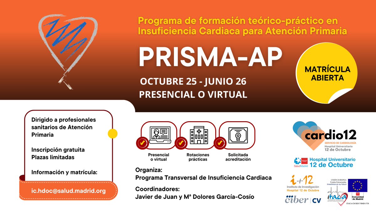 Servicio Cardiología Hospital 12 de Octubre (@cardio_h12o) on Twitter photo 🎓Abierto el plazo de inscripción para la 9ª edición de PRISMA-AP, curso de #InsuficienciaCardiaca dirigido a profesionales de #AtenciónPrimaria. Organiza: Programa Transversal de IC de <a href="/Cardio_H12O/">Servicio Cardiología Hospital 12 de Octubre</a> <a href="/H12Octubre/">Hospital Universitario 12 de Octubre</a>. Coordinadores <a href="/JavierdeJuan1/">Javier de Juan</a> y Lola García-Cosío
📢Plazas limitadas! 🎓Abierto el plazo de inscripción para la 9ª edición de PRISMA-AP, curso de #InsuficienciaCardiaca dirigido a profesionales de #AtenciónPrimaria. Organiza: Programa Transversal de IC de <a href="/Cardio_H12O/">Servicio Cardiología Hospital 12 de Octubre</a> <a href="/H12Octubre/">Hospital Universitario 12 de Octubre</a>. Coordinadores <a href="/JavierdeJuan1/">Javier de Juan</a> y Lola García-Cosío
📢Plazas limitadas!