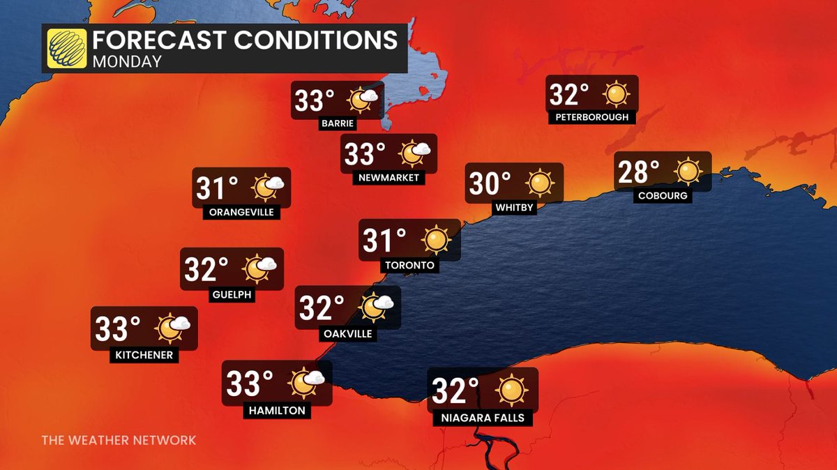 Mix sun/clouds &amp; hot today - scattered showers/t-storms but most places south of 401 stay dry; Partly sunny &amp; hot Sat. w/ passing showers/t-storms possible; Sunny &amp; hot Sunday &amp; Monday; Partly sunny &amp; muggy Tuesday with t-storms late day &amp; Tues. night; Less heat Wed-Friday #onwx