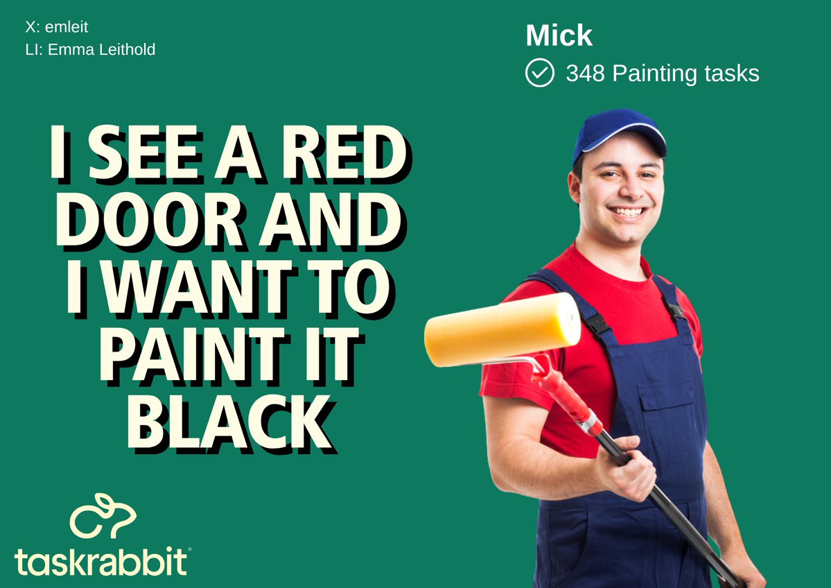 Emma Leeming Writes 💙 (@emleemingwrites) on Twitter photo One Minute Brief of the Day:
Create posters that bring to life famous song lyrics to promote the 'Moving/Painting/Cleaning/Mounting/Home Improvement' categories available on the <a href="/Taskrabbit/">Taskrabbit</a> platform. #TaskTunes🎶 One Minute Brief of the Day:
Create posters that bring to life famous song lyrics to promote the 'Moving/Painting/Cleaning/Mounting/Home Improvement' categories available on the <a href="/Taskrabbit/">Taskrabbit</a> platform. #TaskTunes🎶