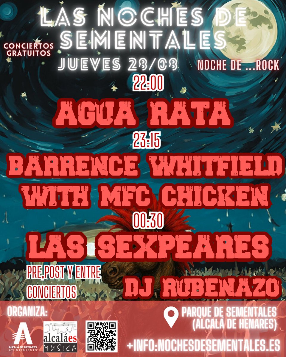 JUEVES 28. Noche de ... Rock

Las Noches de Sementales arrancaran el jueves 28 con tres propuestas de rock: Agua Rata (22:00h), Barrence Whitfield (USA) + MFC Chicken (UK) (23:15h), y Las Sexpeares (00:30h) +  DJ Rubenazo.

GRATIS !

Toda la info nochesdesementales.es