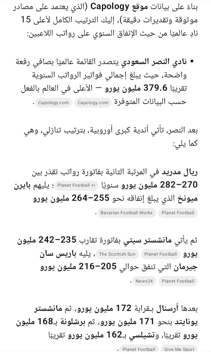 نادي #النصر السعودي يتصدر القائمة
عالميًا،حيث يبلغ إجمالي فواتير الرواتب السنوية  379.6 مليون يورو الأعلى في العالم 
يجي بعده #ريال مدريد ثم #السيتي ثم #باريس سان جرمان ثم #تشلسي !!

ويجيني واحد درج يقول #الهلال أكثر دعماً
🤦🏻‍♂️🤦🏻‍♂️🤦🏻‍♂️