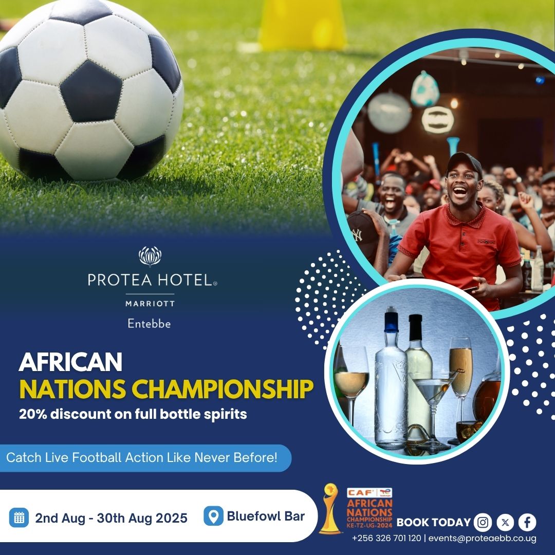 Catch all the AFCON action LIVE at Protea Hotel Entebbe! 🏆 Big screens, great vibes, and your favorite drinks 🍻 Plus, enjoy 20% OFF all spirit bottles during the games! 🥳 #AFCON #ProteaEntebbe #LiveFootball #MatchDayVibes #SpecialOffer