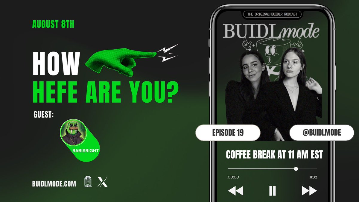 Flying Rhino Web3 (@flyingrhinoweb3) on Twitter photo ☕️ BUIDLMODE Coffee Break EP 19:
“How HEFE Are You?”
This one’s deeper than memes. We’re talking creative grind, failure and what it really takes to be the HEFE in Web3.
🎙️Guest : <a href="/rabisright/">Rabisright🔺</a> / CEO <a href="/AvaxHefe/">Hefe The Walrus</a>
🎧Hosts: <a href="/Luacantu/">Luana L1🔺</a> & <a href="/VanHoVibes/">VanHo🔺</a>
🗓️ Friday | 11 AM EST
📍Live on ☕️ BUIDLMODE Coffee Break EP 19:
“How HEFE Are You?”
This one’s deeper than memes. We’re talking creative grind, failure and what it really takes to be the HEFE in Web3.
🎙️Guest : <a href="/rabisright/">Rabisright🔺</a> / CEO <a href="/AvaxHefe/">Hefe The Walrus</a>
🎧Hosts: <a href="/Luacantu/">Luana L1🔺</a> & <a href="/VanHoVibes/">VanHo🔺</a>
🗓️ Friday | 11 AM EST
📍Live on