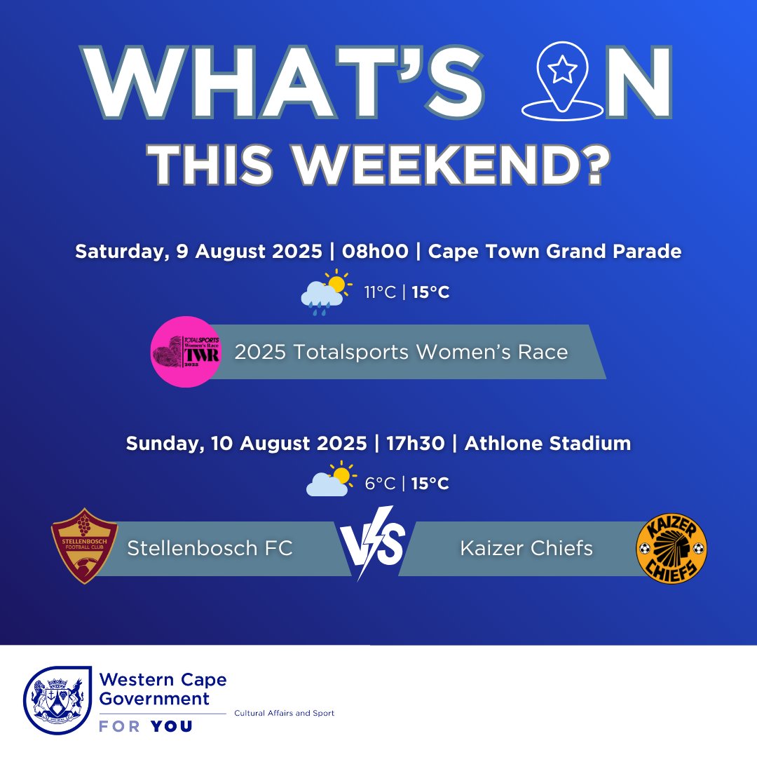 📅 What’s on this weekend in the Western Cape?

Don't let the weather get you down - from running shoes to soccer boots - it’s a weekend packed with energy and excitement! 🙌
