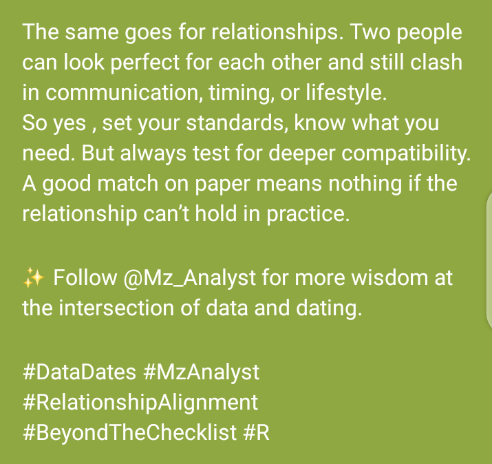 Mz_Analyst001's tweet photo. #DataDates #MzAnalyst #RelationshipAlignment #BeyondTheChecklist #RealConnection #LoveWithWisdom #EmotionalAnalytics #DatingData
#DataAnalytics #Trending #lovedata https://t.co/GlozHbCSjp