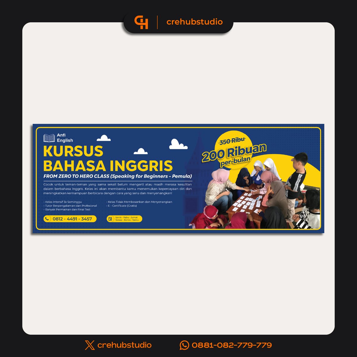 Design Project:
🔸Banner Anfi English

Open jasa/joki desain berkualitas melayani branding, pembuatan design logo, poster, banner, brosur, flyer, packaging, feeds IG, story IG, baju, jaket, dll.

☎️wa.me/62881082779779
📩DM/Klik link di bio untuk pemesanan

#zonauang