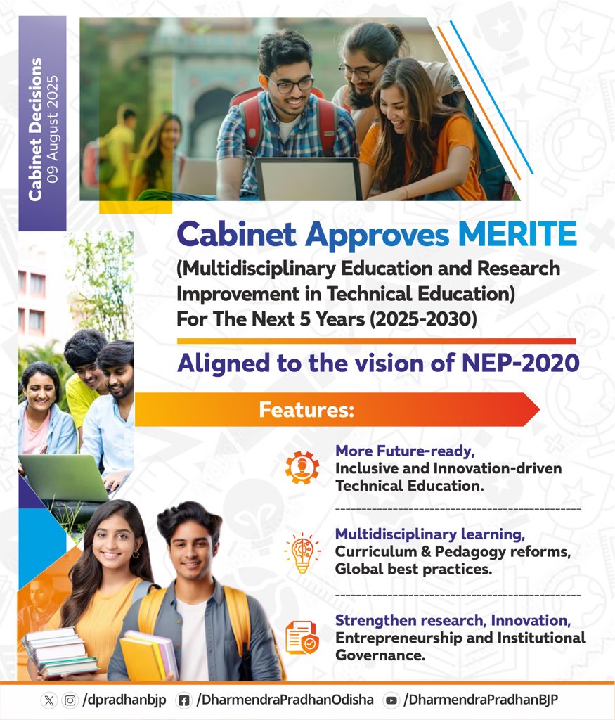 Dharmendra Pradhan (@dpradhanbjp) on Twitter photo Hon’ble PM Shri <a href="/narendramodi/">Narendra Modi</a> ji has placed unprecedented focus on transforming and revolutionising India’s education landscape.
#Cabinet approval to MERITE— Multidisciplinary Education and Research Improvement in Technical Education, in alignment with NEP 2020 is one more step Hon’ble PM Shri <a href="/narendramodi/">Narendra Modi</a> ji has placed unprecedented focus on transforming and revolutionising India’s education landscape.
#Cabinet approval to MERITE— Multidisciplinary Education and Research Improvement in Technical Education, in alignment with NEP 2020 is one more step