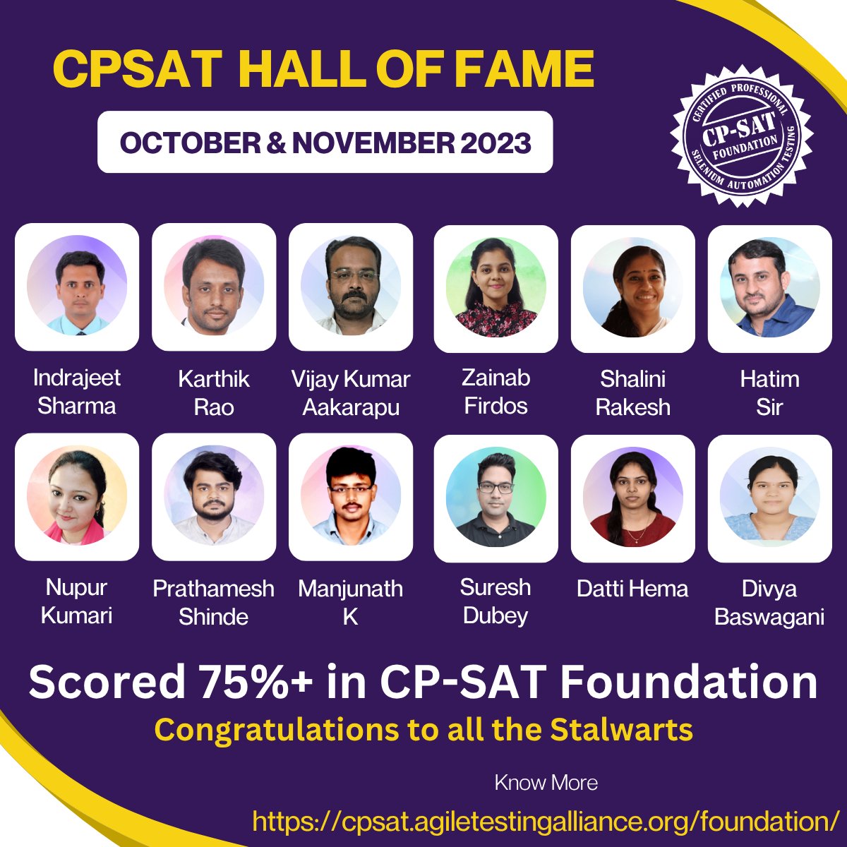 AgileTAlliance's tweet image. Congrats to all who scored 75%+ in the CP-SAT Foundation Exams (Oct-Nov 2023)!
Your dedication to automation testing earns you a spot in our Hall of Fame!
#CPSAT #HallOfFame #SeleniumTesting #AutomationChampions #LearnWithATA