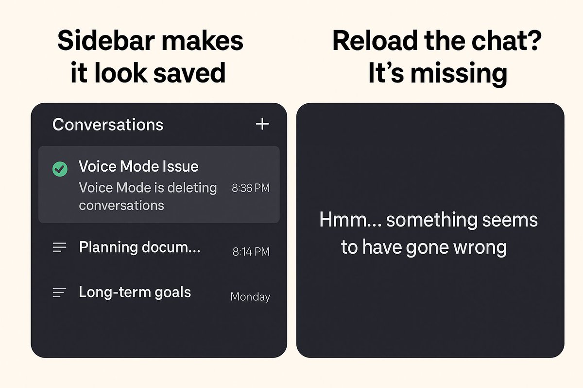 acrinym's tweet photo. 🚨 ChatGPT Voice Mode is deleting conversations 🚨

If your network drops even for a second during Voice Mode, everything you’ve said since the last turn is gone forever.

Sidebar makes it look saved ✅

Reload the chat? It’s missing ❌

This kills high-value work: planning, drafting, creative sessions, etc.

Please fix the architecture so:
1️⃣ Partial transcripts commit in real time
2️⃣ Auto-save triggers on connection loss
3️⃣ Voice + text share the same source of truth

@OpenAI @ChatGPTapp @gdb — this is a core trust issue, not a “minor bug.”