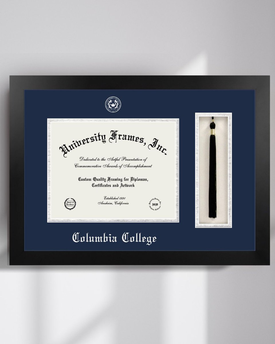 UniversityFrame's tweet photo. Preserve the pride of your achievement with our elegant #ColumbiaCollege diploma frame. Featuring a dedicated tassel holder and rich navy matting for a timeless display. 🎓
Ready to frame your success? Explore styles at https://t.co/lIdtzCevWM
#FramedWithPride #UniversityFrames https://t.co/4GfjzoMCaY