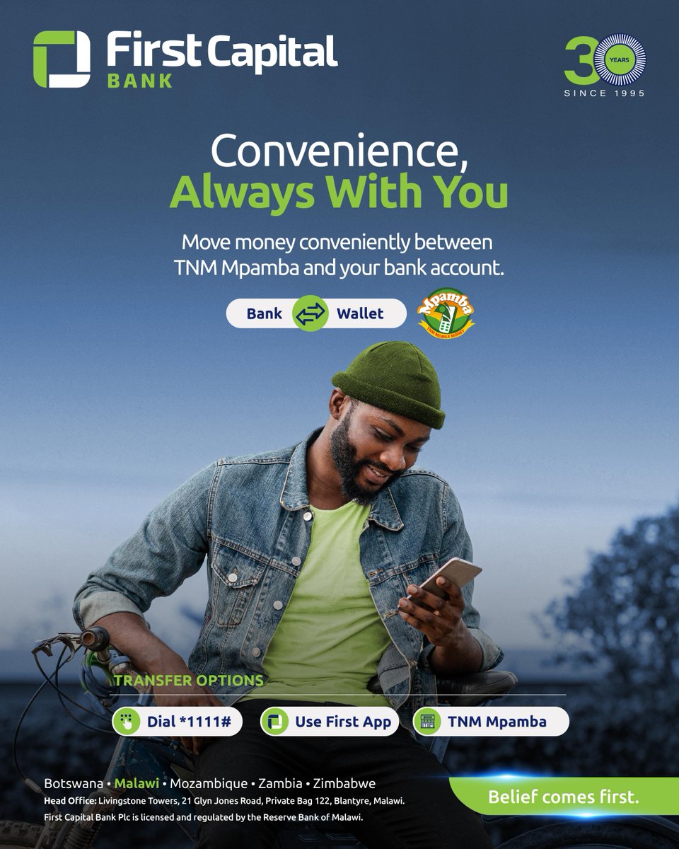 Move money from your FCB account to TNM Mpamba wallet or from your TNM Mpamba wallet to FCB account with ease. Simply dial *1111# or conveniently use First Capital Bank App.

#firstcapitalbank #beliefcomesfirst #30mbambande