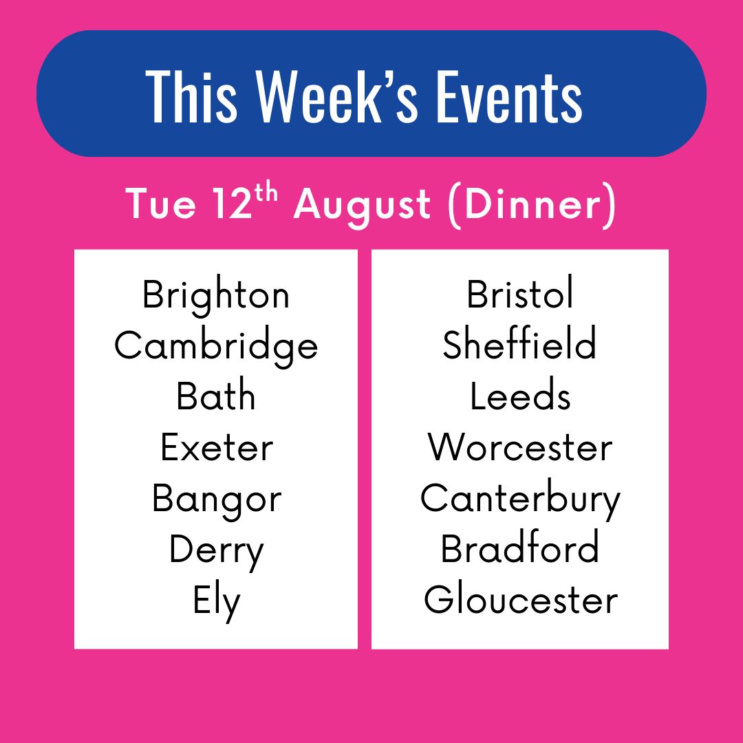 UnifiedDating's tweet photo. Here are the locations and dates for this week's events! ❤️ For more info and to book: https://t.co/imk8AMO0A7 #unifieddating #Liverpool #Nottingham #Newcastle #Manchester #London #Belfast #Birmingham #Norwich #York #Exeter #MiltonKeynes #Worcester #Brighton #Edinburgh #Cambridge https://t.co/oY8gPGwW9v